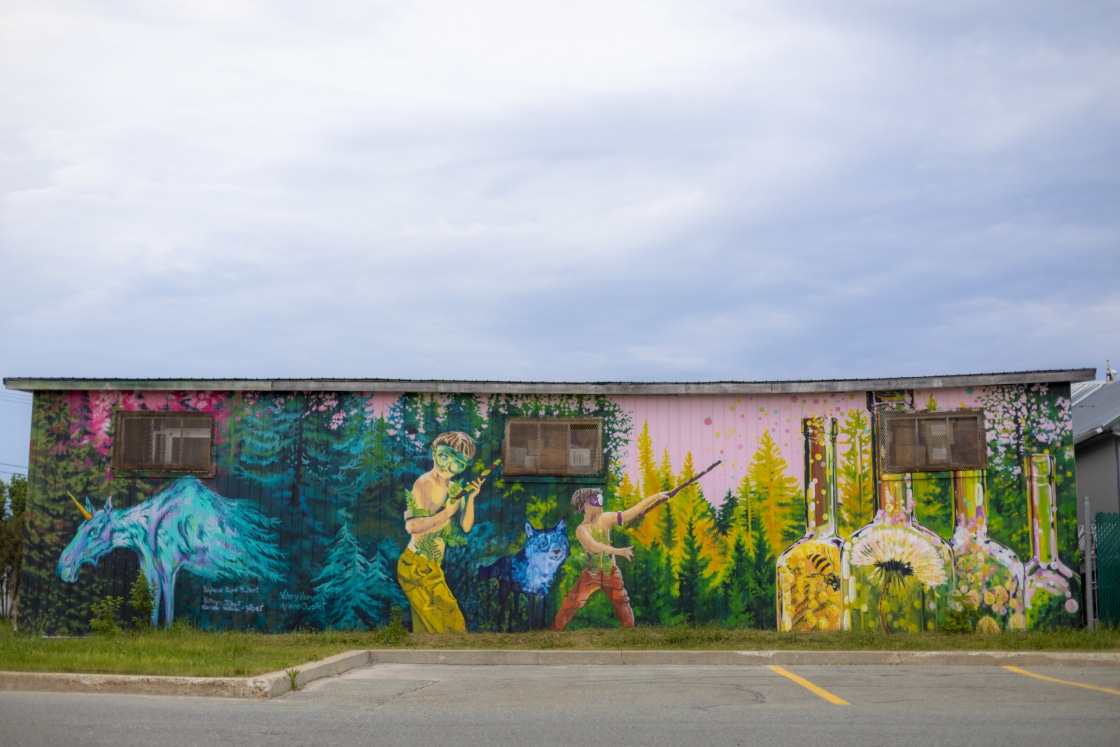 vue de face de la murale à la ressourcerie le filon vert. Orilicorne et enfant guerrier de la nature.